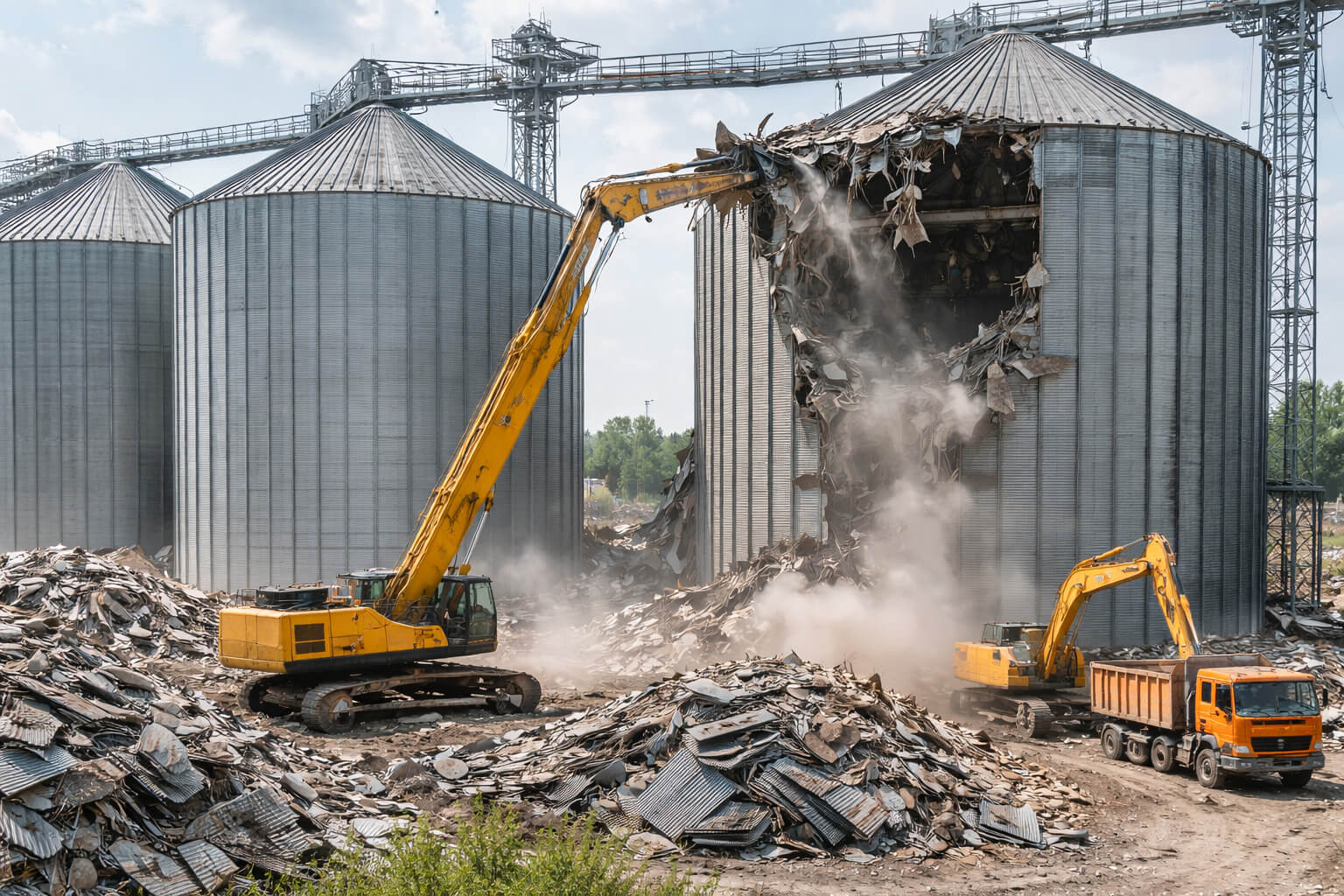 Демонтаж зернохранилища и элеваторных сооружений спецтехникой