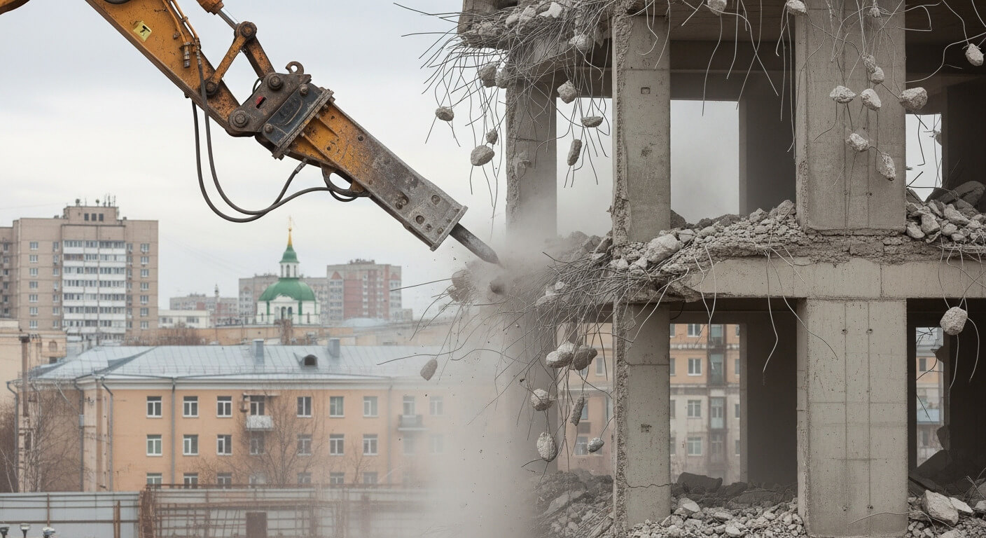 Демонтаж здания из железобетона спецтехникой