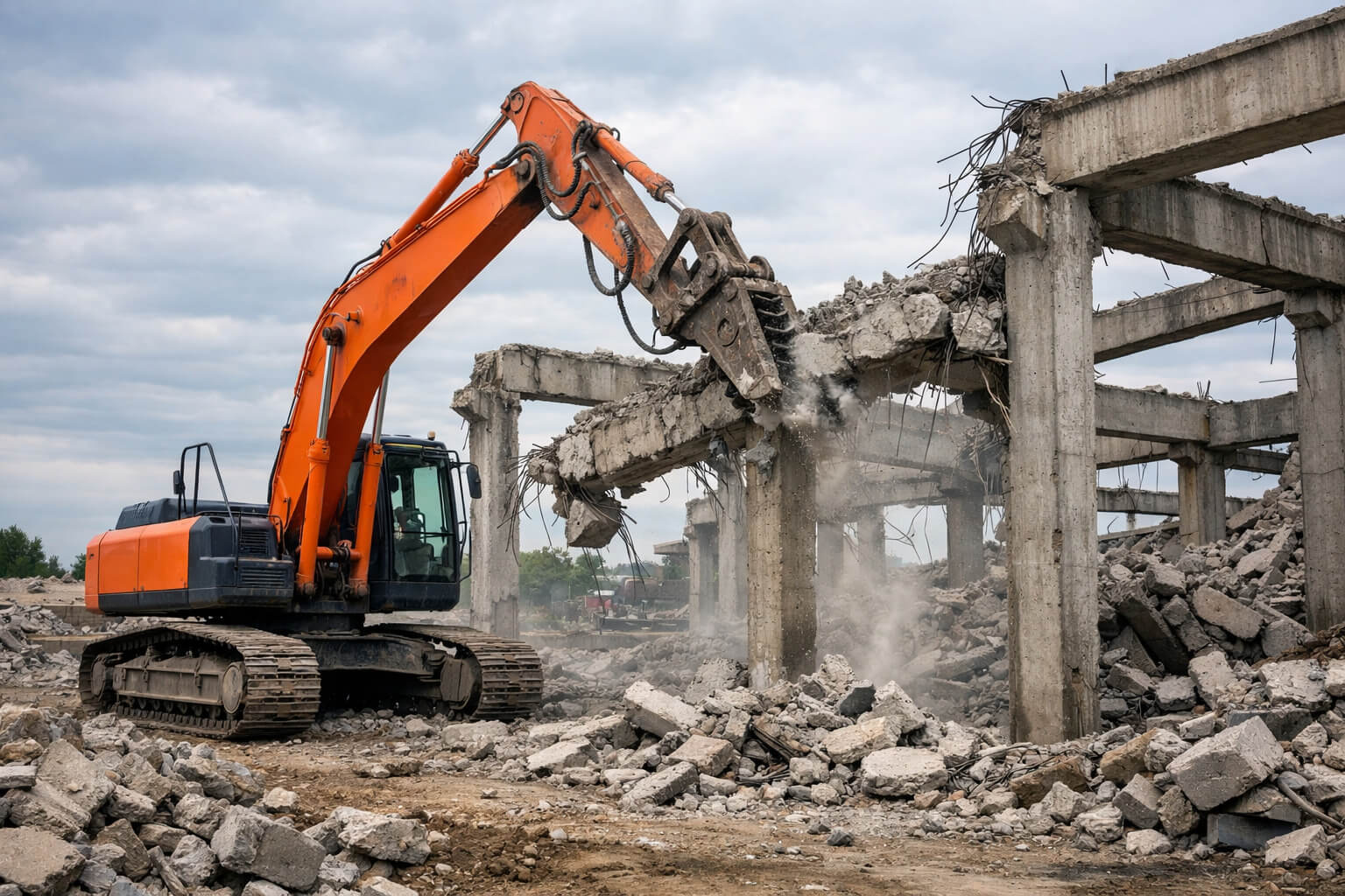 Демонтаж железобетонных колонн и ригелей спецтехникой