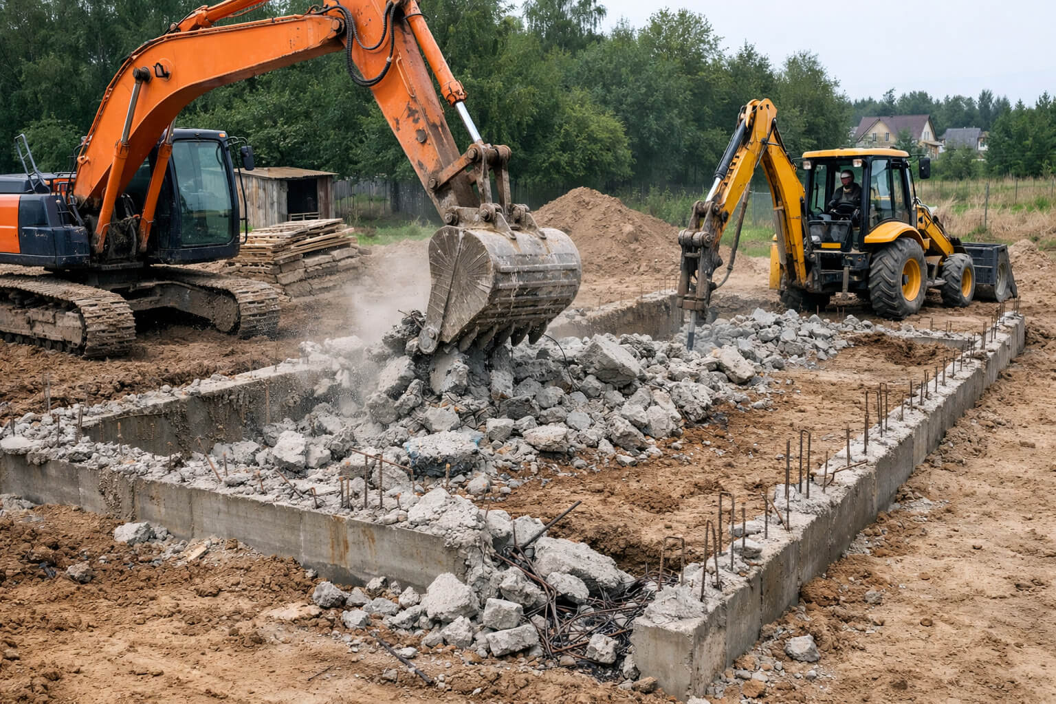 Демонтаж ленточного фундамента спецтехникой