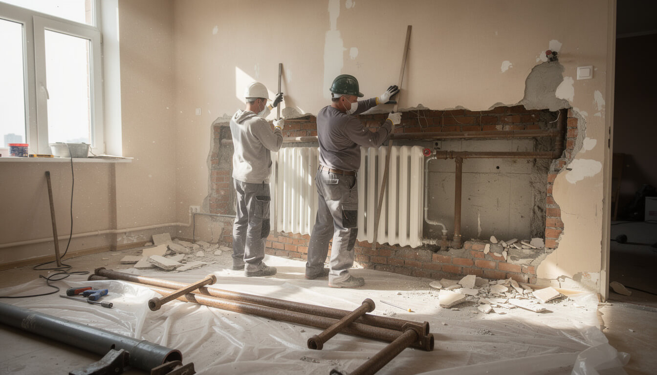 Демонтаж системы отопления и радиаторов